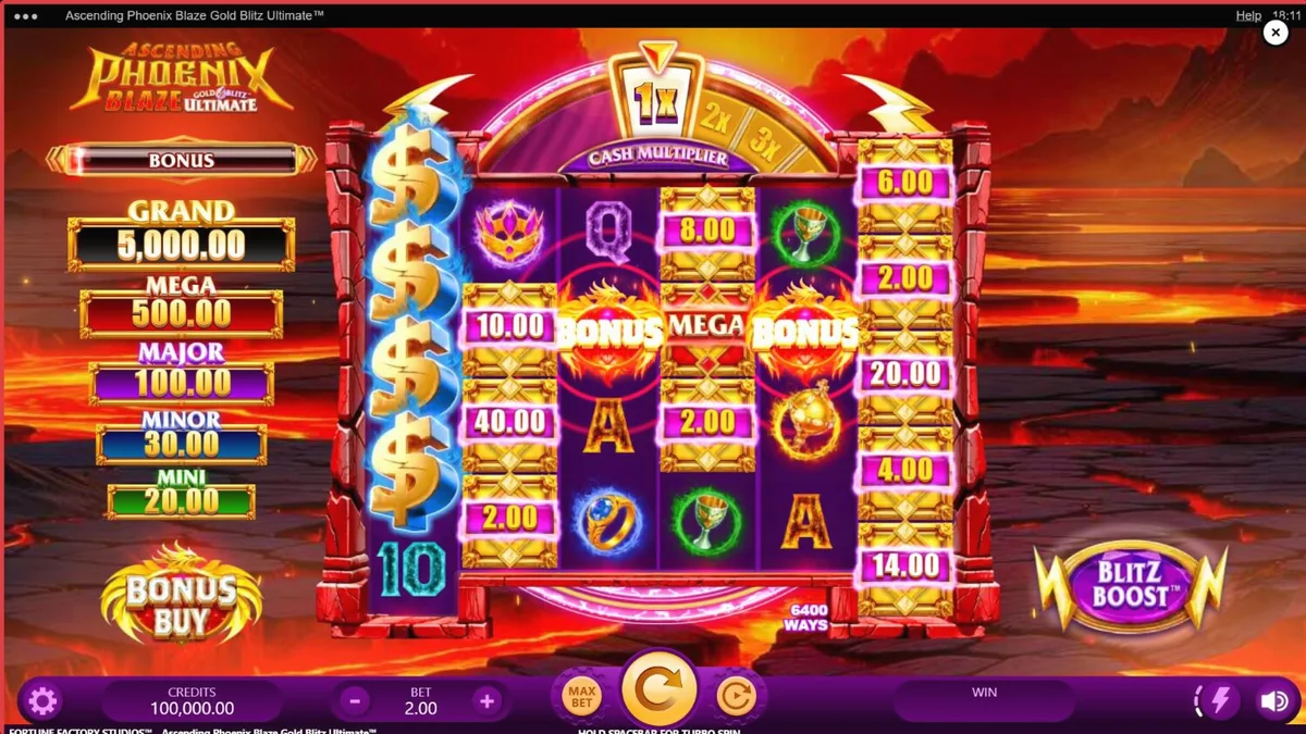 Ascending Phoenix Blaze Gold Blitz Ultimate স্লট গেমের ফ্যান্টাসি থিম এবং আগুনের আবহ